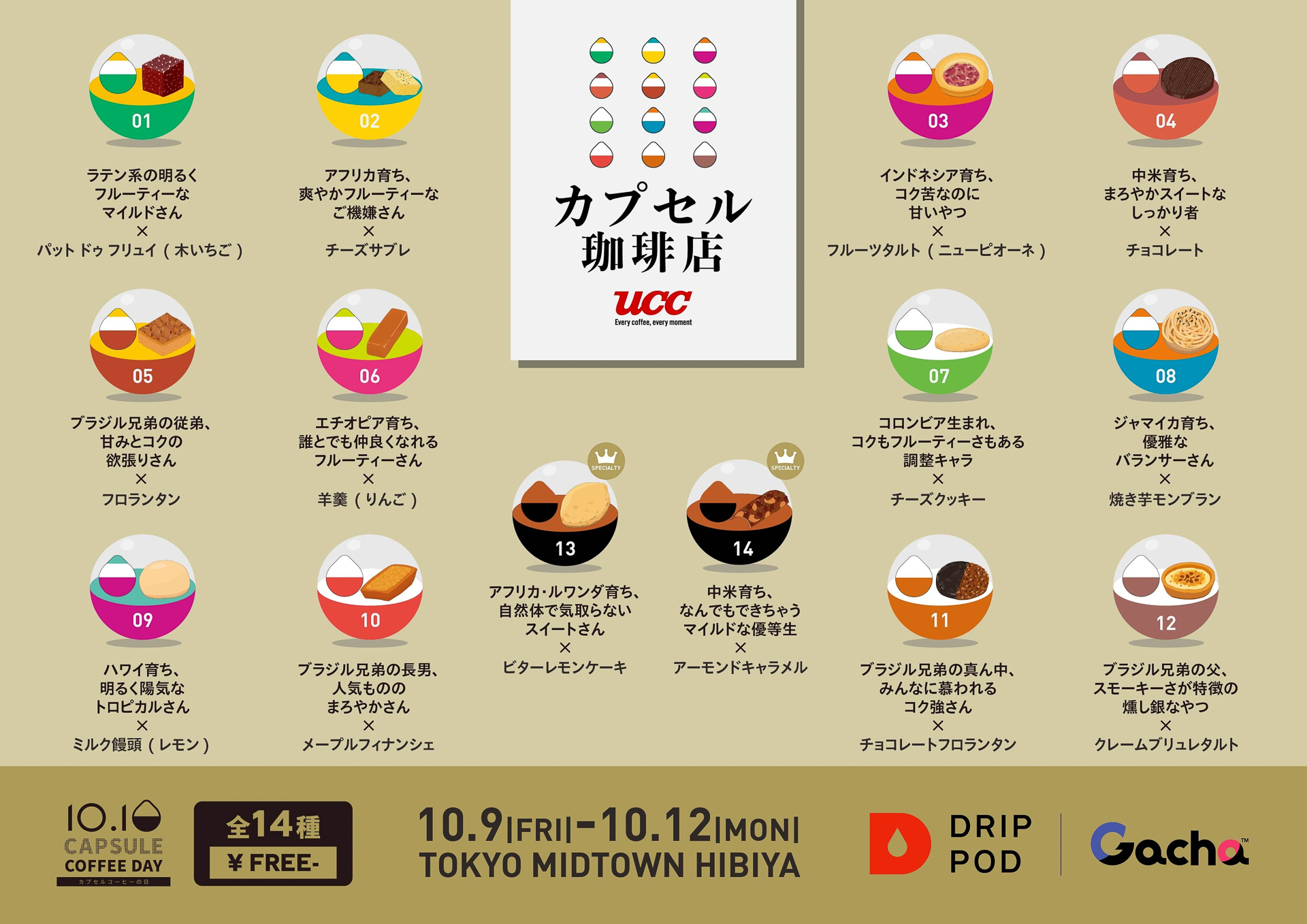 コーヒーと菓子がセットになった全14種のマリアージュカプセル