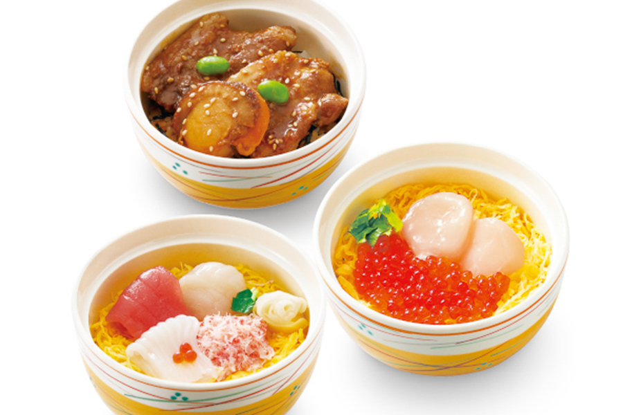 「ミニ帆立豚丼」「ミニ北海海鮮ちらし」「ミニ帆立いくら丼」