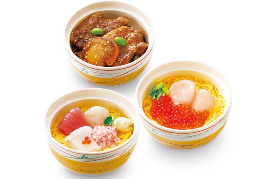 〆の「ミニ帆立豚丼」「ミニ帆立いくら丼」「ミニ北海海鮮ちらし」
