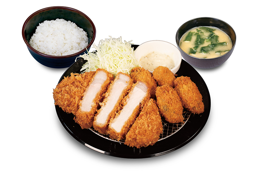 松のや「超厚切りリブロースかつ＆カキフライ（2個）定食」（倍量でカキフライ4個）