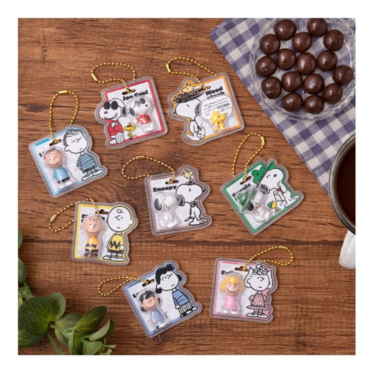 「PEANUTS -SNOOPY- パッケージチャーム＆チョコボーロ」のチャームを並べたイメージ