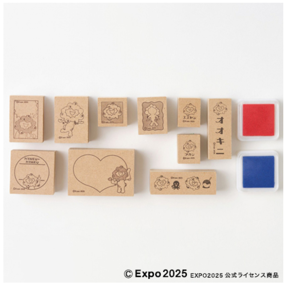 メッセージ入りや日付スタンプ風など、ミャクミャクのはんこ10種とインク2色が入る