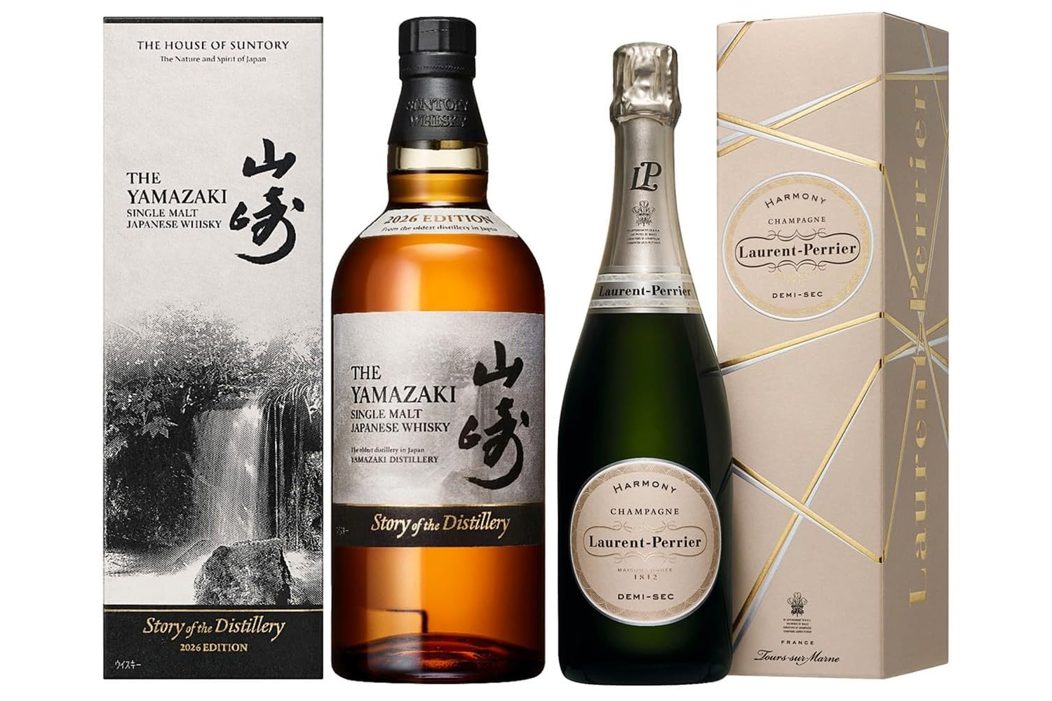 「サントリーシングルモルトウイスキー山崎 Story of the Distillery 2026」と「ローラン・ペリエ ドミ・セック ハーモニー」