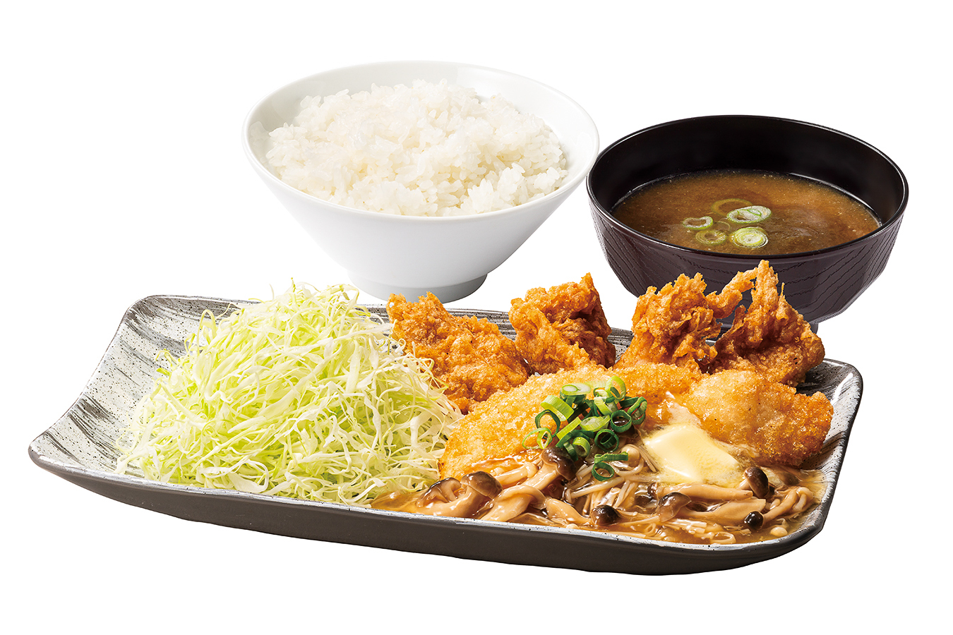 出汁とり天と白身魚からあげのきのこバターあんかけ定食