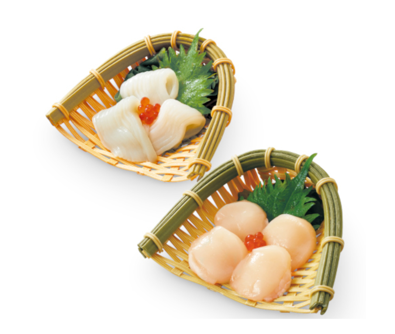 するめいかのお造り（左）と帆立のお造り（右）