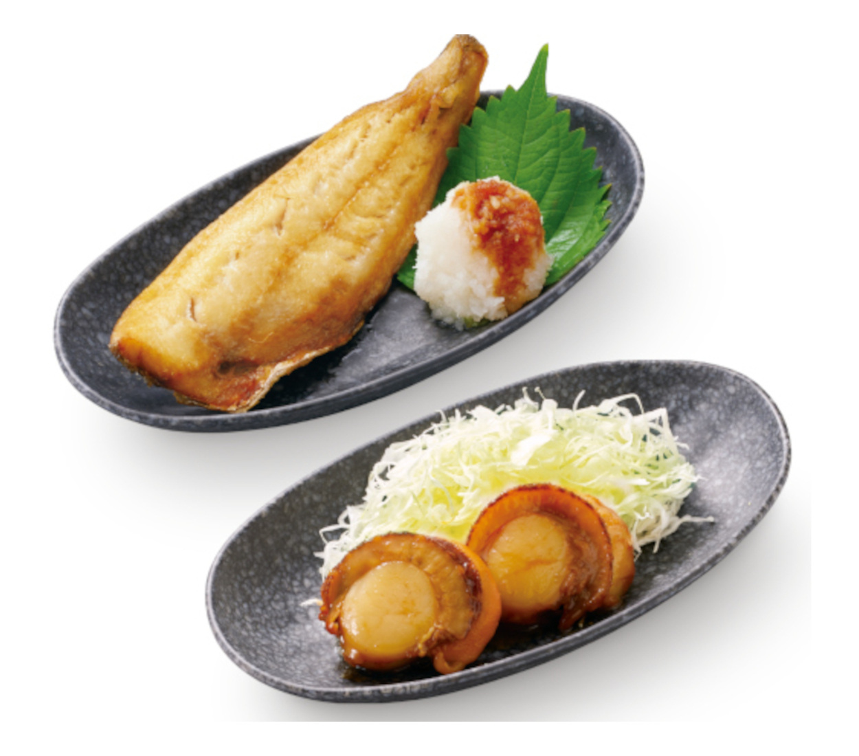 ぱくぱくホッケ（左）と帆立の天ぷら（右）