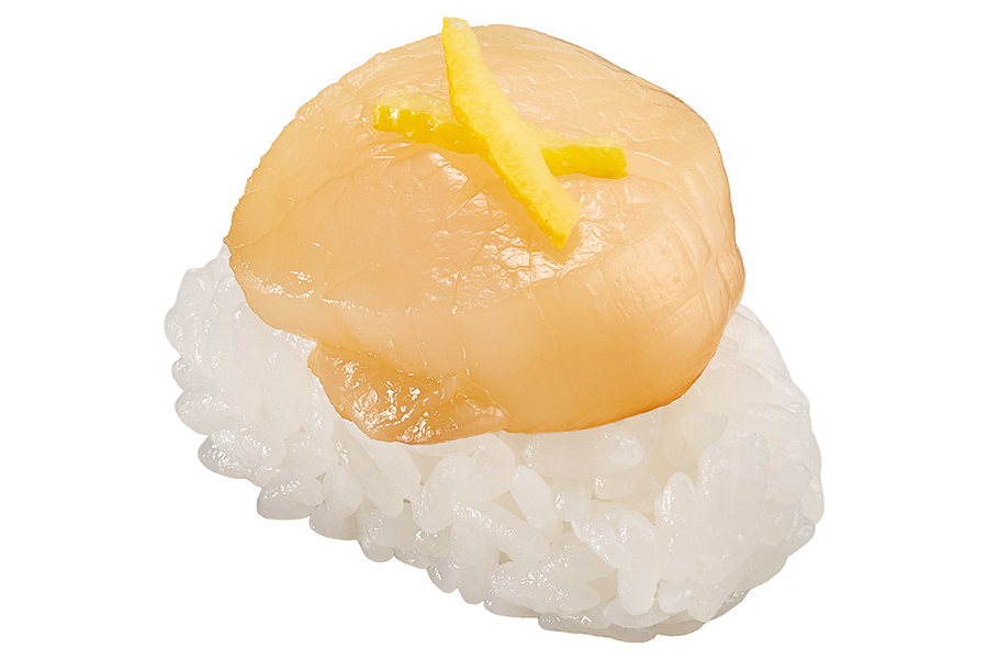 「漬け国産ほたて貝柱 柚子のせ 1貫」（110円～）