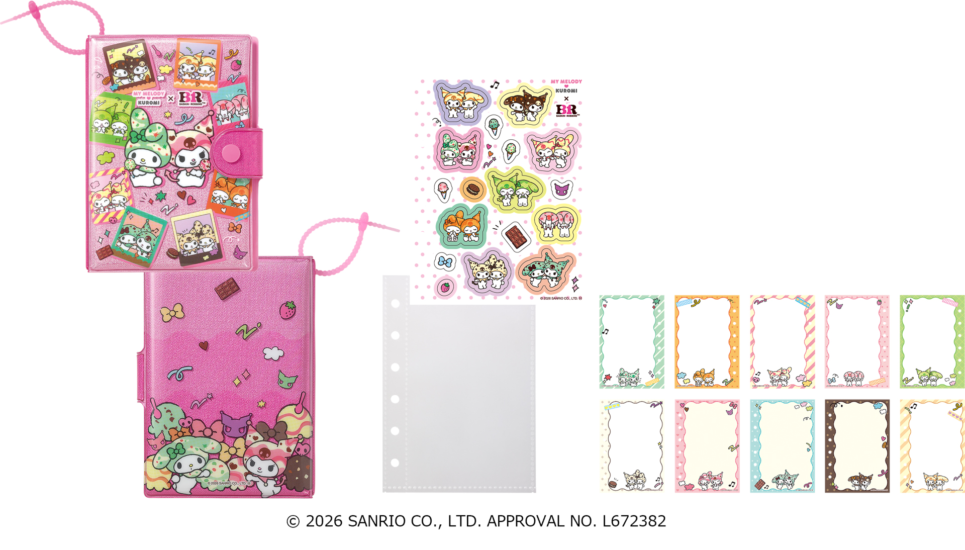 アイスクリームセットに付くオリジナルシール帳。シール台紙5枚やキャラクターシール、クリアポケット、シリコンバンドが付属する
