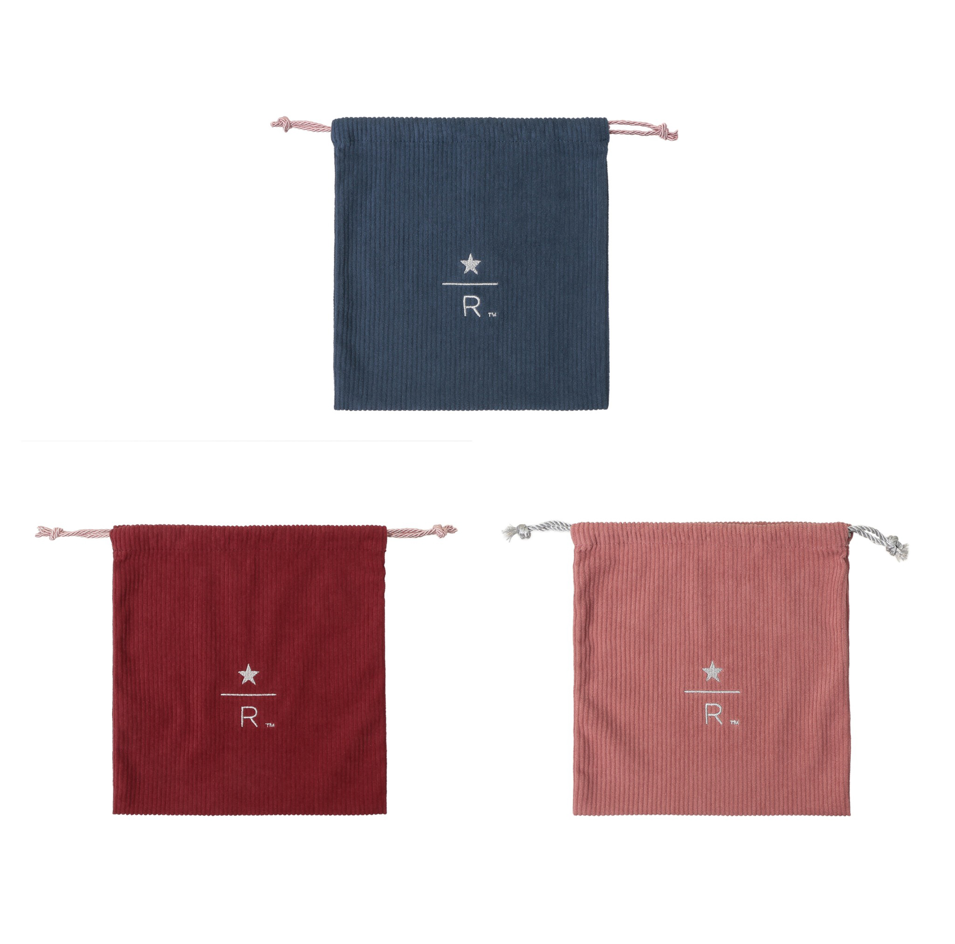 「スターバックス リザーブ ドローストリングポーチ コーデュロイ ブルー/レッド/ピンク」（S 各1300円、L 各1600円）