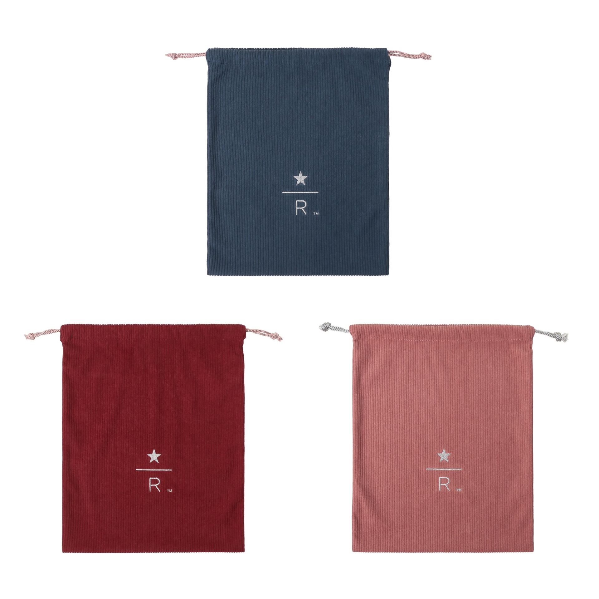 「スターバックス リザーブ ドローストリングポーチ コーデュロイ ブルー/レッド/ピンク」（S 各1300円、L 各1600円）