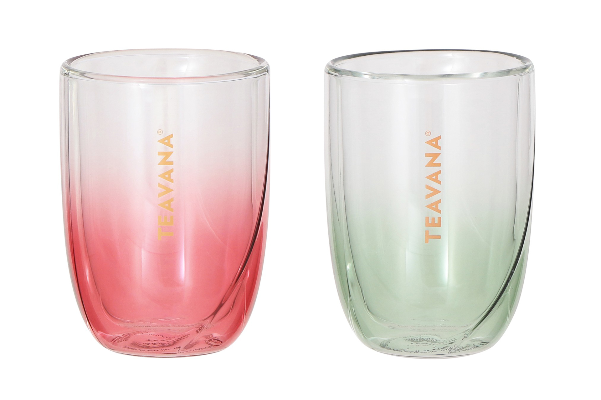 「TEAVANA ダブルウォールグラスリーフ レッド/グリーン296ml」（各3800円）