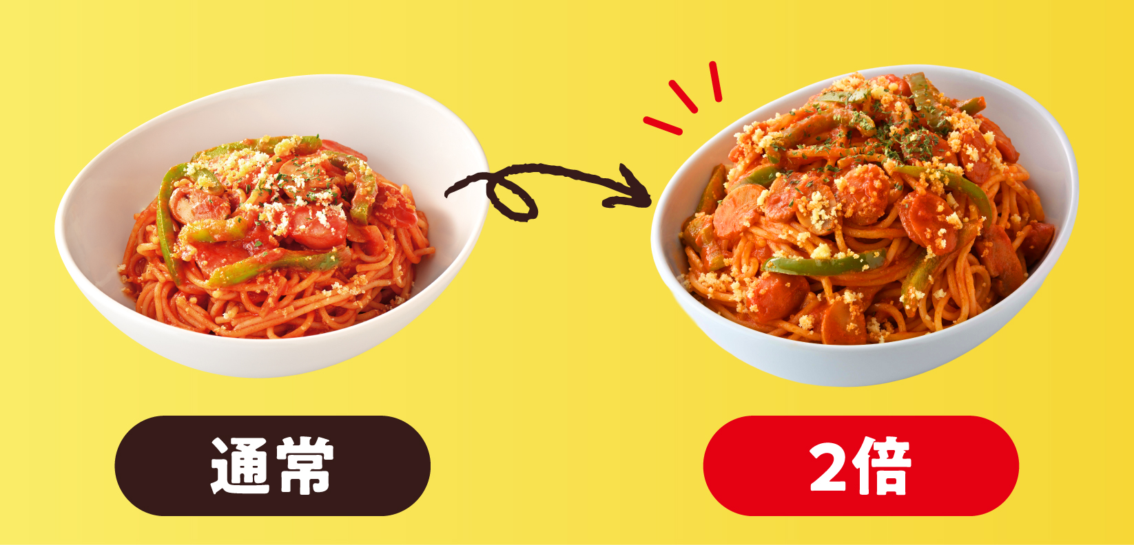 15時以降にドリンクとパスタを注文すると、＋100円でパスタ全品を2倍に増量可能