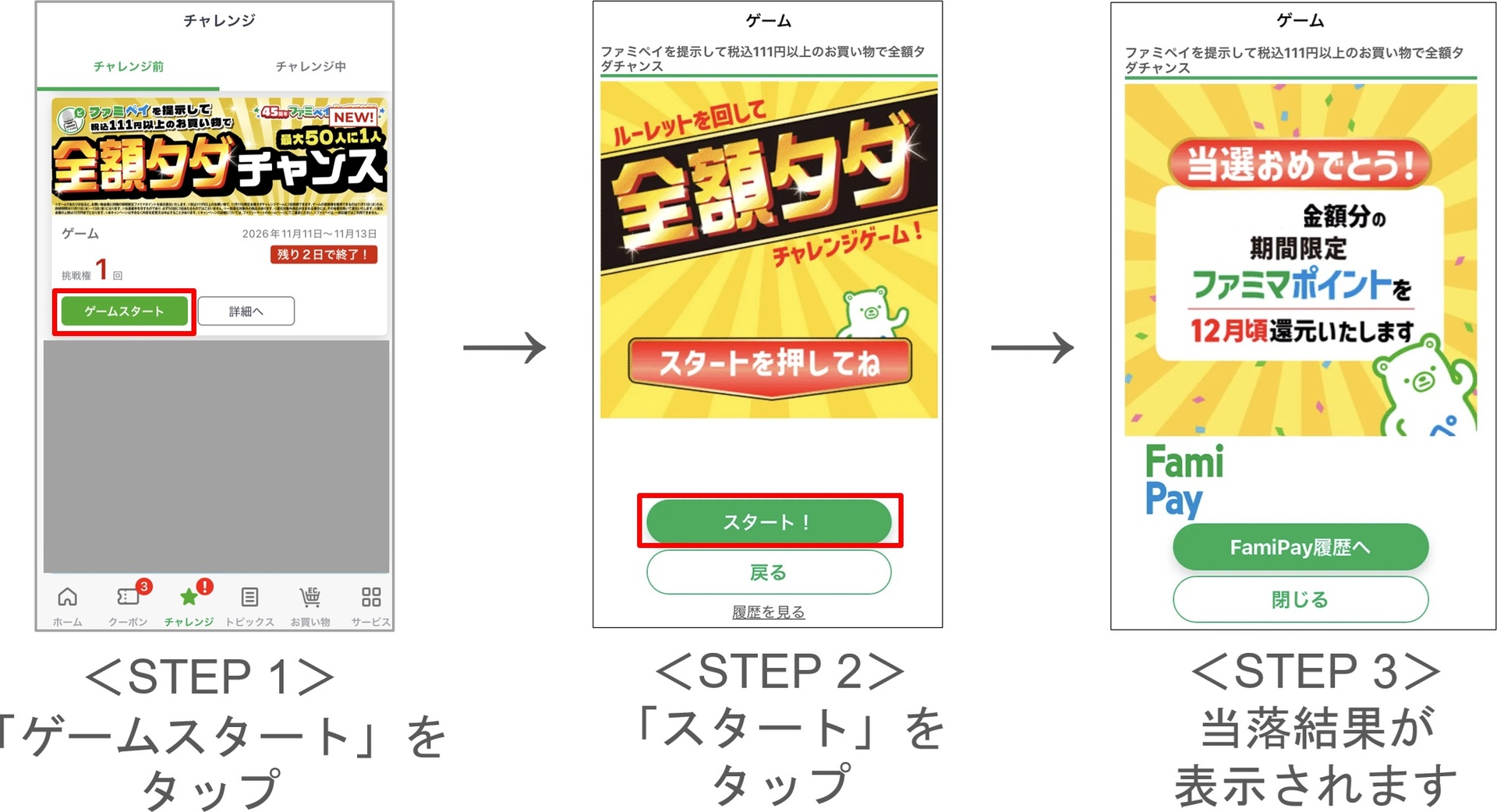 ファミペイゲームに挑戦する流れ
