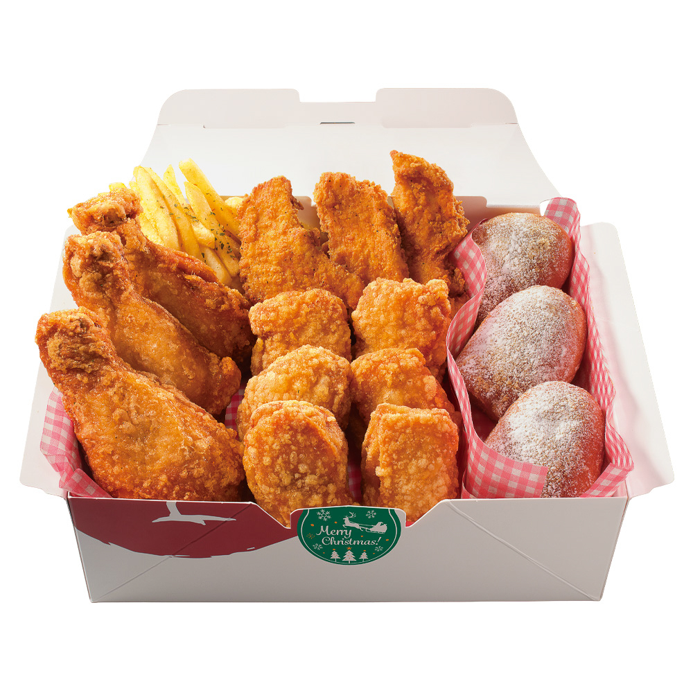 「クリスマス限定BOX」にはクリスマスチキン3本、カリッともも6個、からチキ3本などが入る