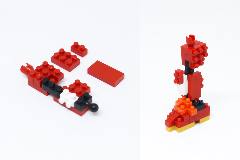 脚部の組み立て。中央の角が丸くなったブロックを挟み込んで、膝の関節とする