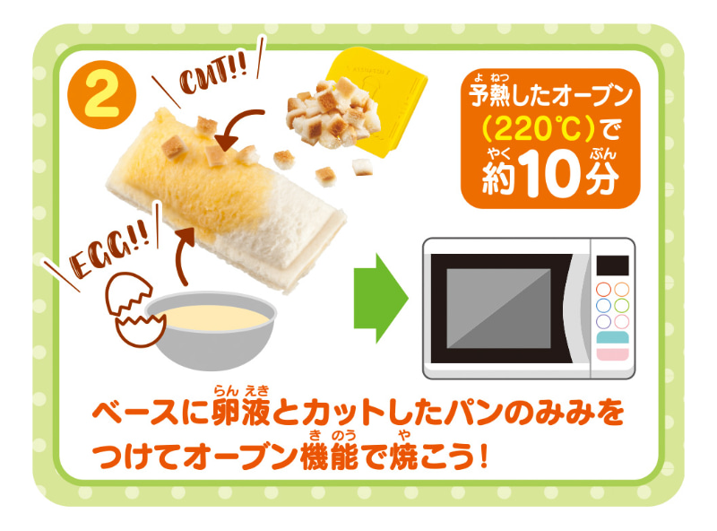 作ったベースに卵液とカットしたパンの耳をまぶし、220度のオーブンで約10分焼く
