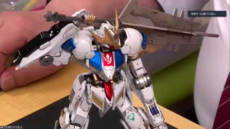 「私のガンプラ紹介」のコーナーで披露された川口氏の作品は1/100ガンダムバルバトスルプス。背負っているメイスは使い込んだようにダメージ加工を施している