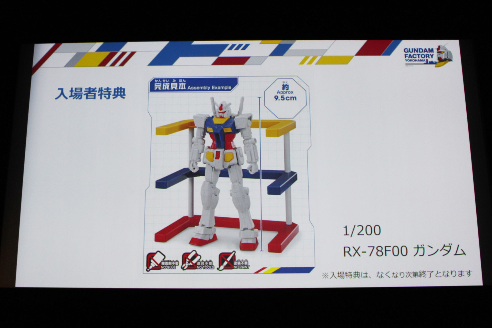入場者特典として、先着順でRX-78F00ガンダムの1/200プラモデルがプレゼントされる