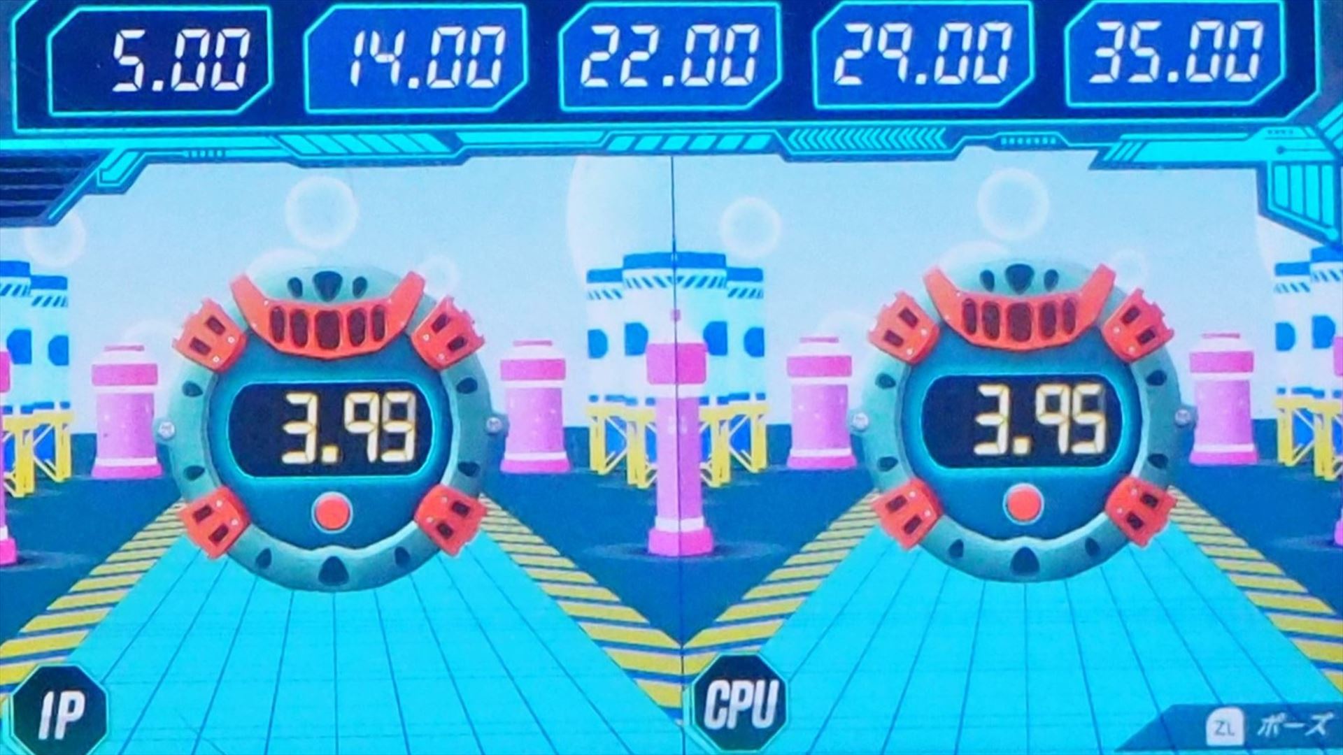 画面上部に表示されている目標タイムを狙って、ストップウォッチを撃って止める