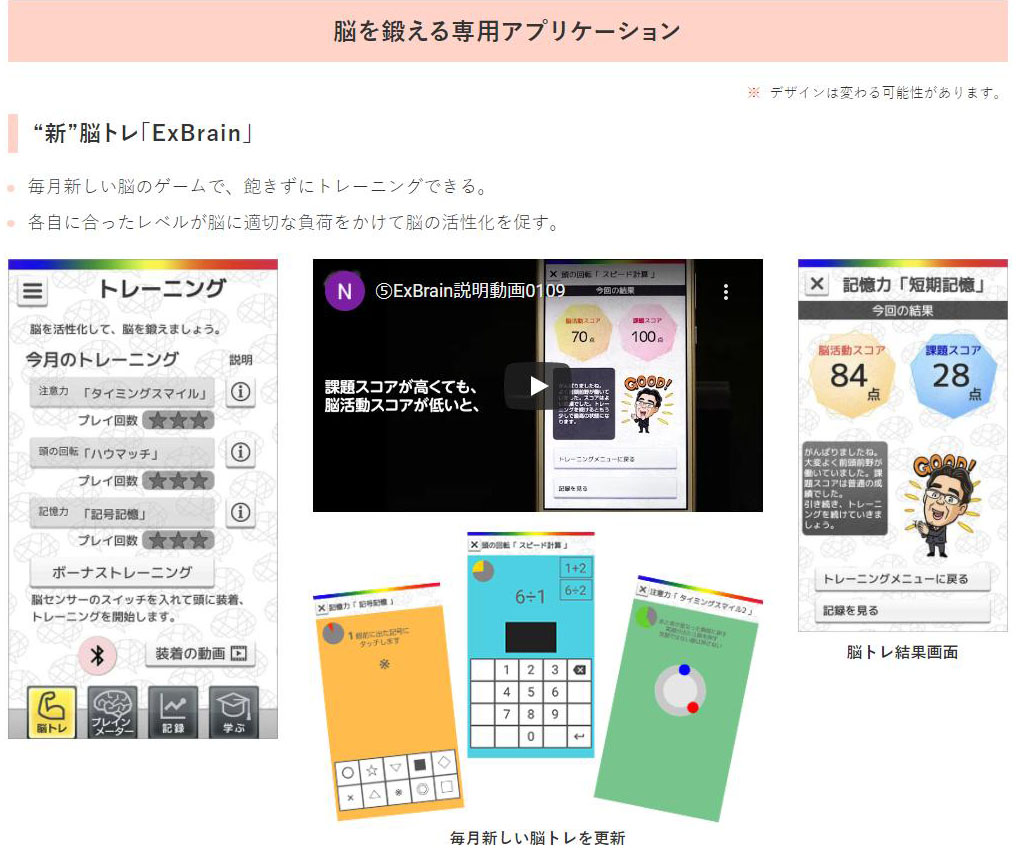 センサーとゲームを組み合わせたサービスが「Active Brain CLUB」。毎月様々な「脳トレ」ゲームが楽しめる。通常のゲームと違うところはセンサーをつけながらプレイするので、脳活動がしっかり行なわれているのか見ることができる。月に1回ゲームを更新するのは「飽きを防ぐため」。毎月新鮮な気持ちでプレイできる