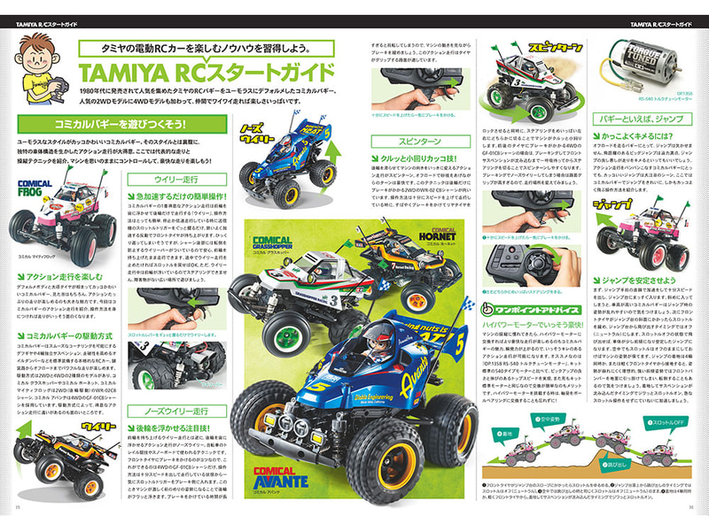 RCスタートガイドは、人気のコミカルRCカーたちをピックアップ。ウイリー走行やスピンターンなど、アクションたっぷりの走りのコツをアドバイスする