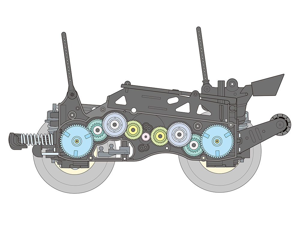 「コミカルアバンテ」の「GF-01CBシャーシ」はギヤを介して前後の車輪に動力を伝える「ギヤドライブ4WD」を採用している