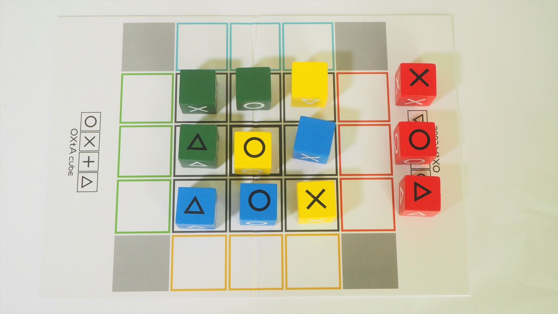 ある程度プレイを進めると、マークが揃ってくる。同じマークを3つ直線上に並べた人が勝ちとなる。次の人が使うキューブコマのマークは△なので、もう勝利が見えている