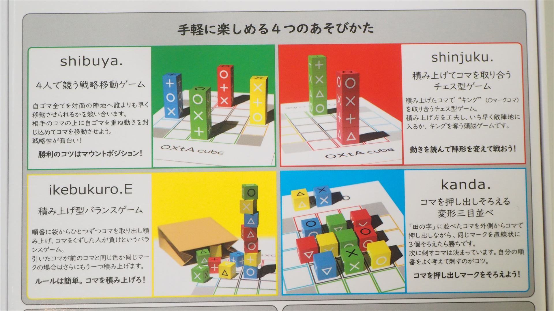 パッケージ裏に「OXtA cube」の4種類の遊び方が簡単に紹介されている