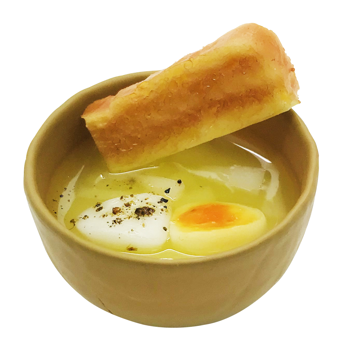 「落とし卵＋玉ねぎ」：卵の半熟な感じ、少しまばらに振りかけられた黒胡椒が実にリアル！