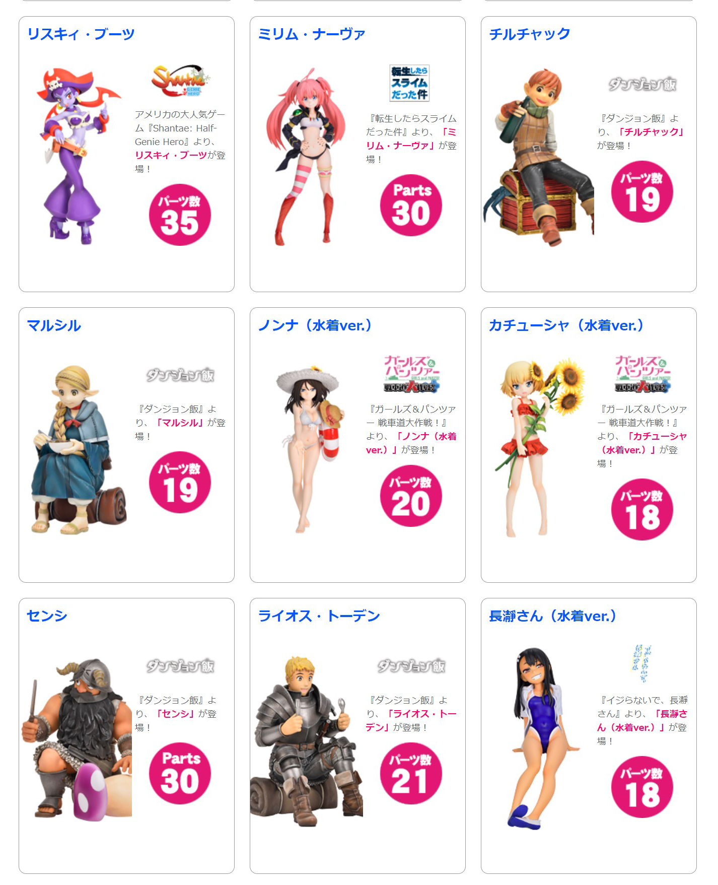 ラインナップの一部です。他社ではあまりないモチーフと、豊富なラインナップが魅力のガレージキットシリーズです