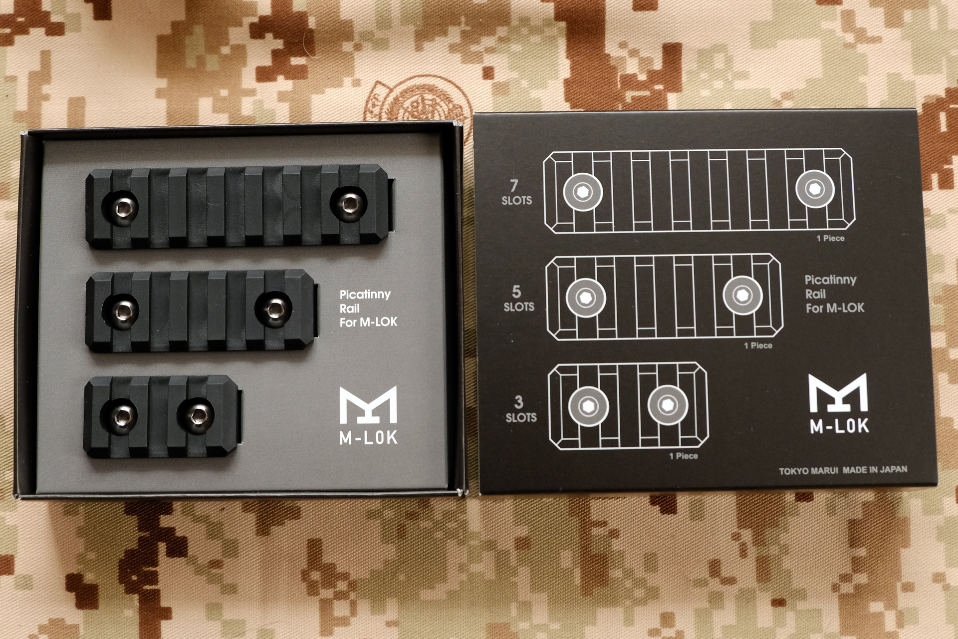 今回の目玉となるM-Lok。3種付属しており、ハンドガードの自由な位置に取り付けられる