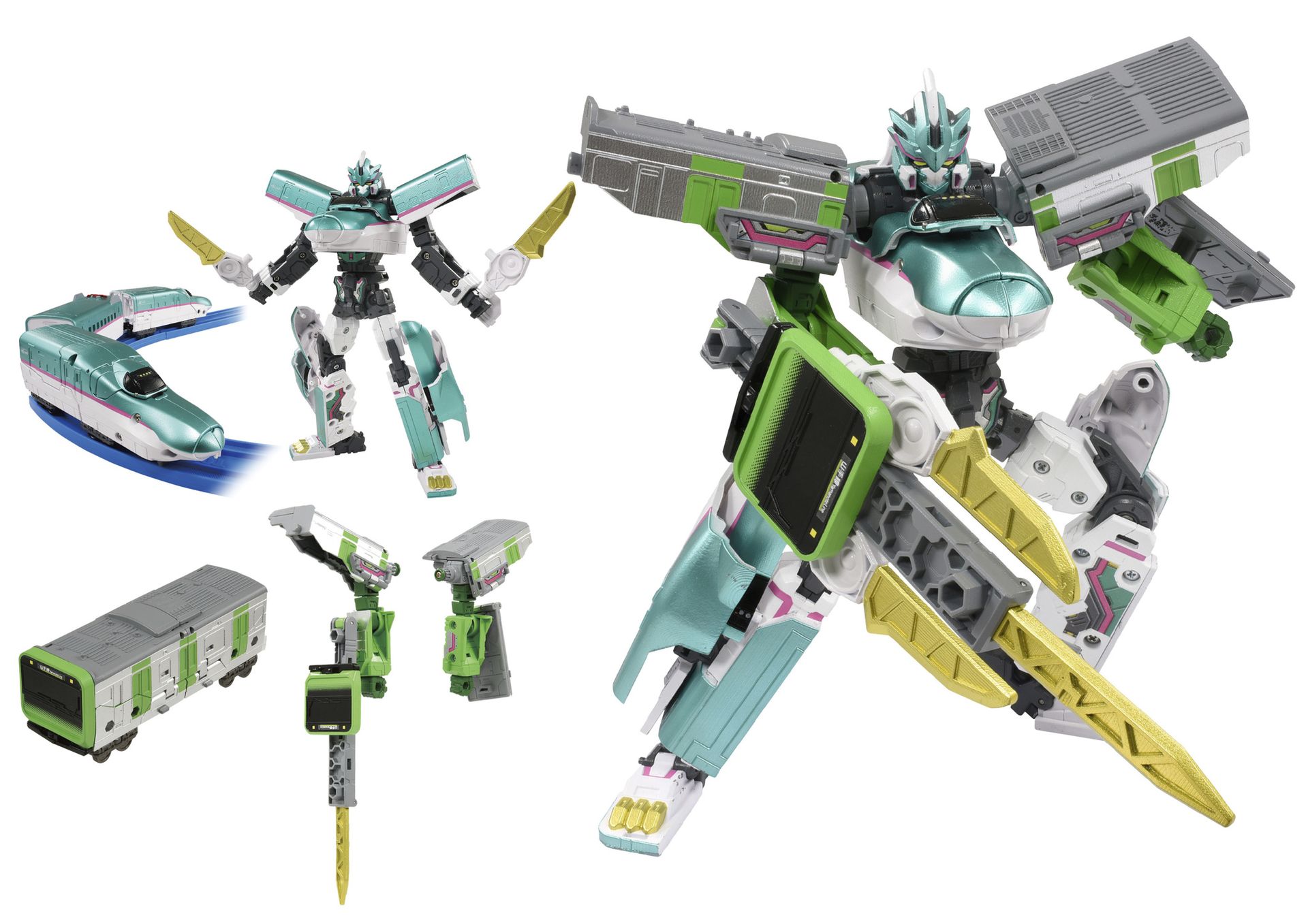 左上「シンカリオンZ E5はやぶさ」、左下「ザイライナー E235ヤマノテ」。この2商品を「Z合体」することで、「シンカリオンZ E5ヤマノテ」（右）へとパワーアップする