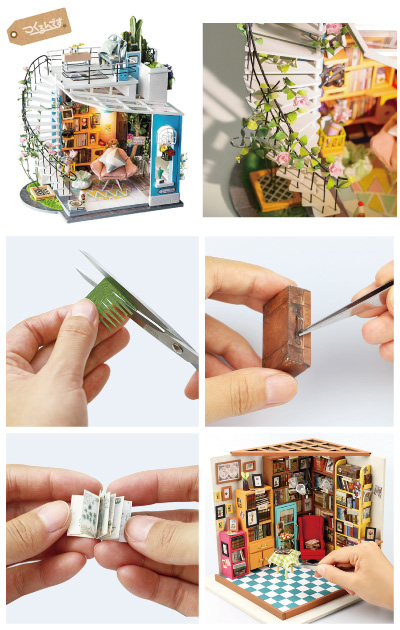 「つくるんです」のミニチュアハウスやドールハウスは、作るところから楽しめるDIY組み立てキット。キット内にピンセット・液体のり・筆・絵の具が入っており、買ったその日から製作することができる