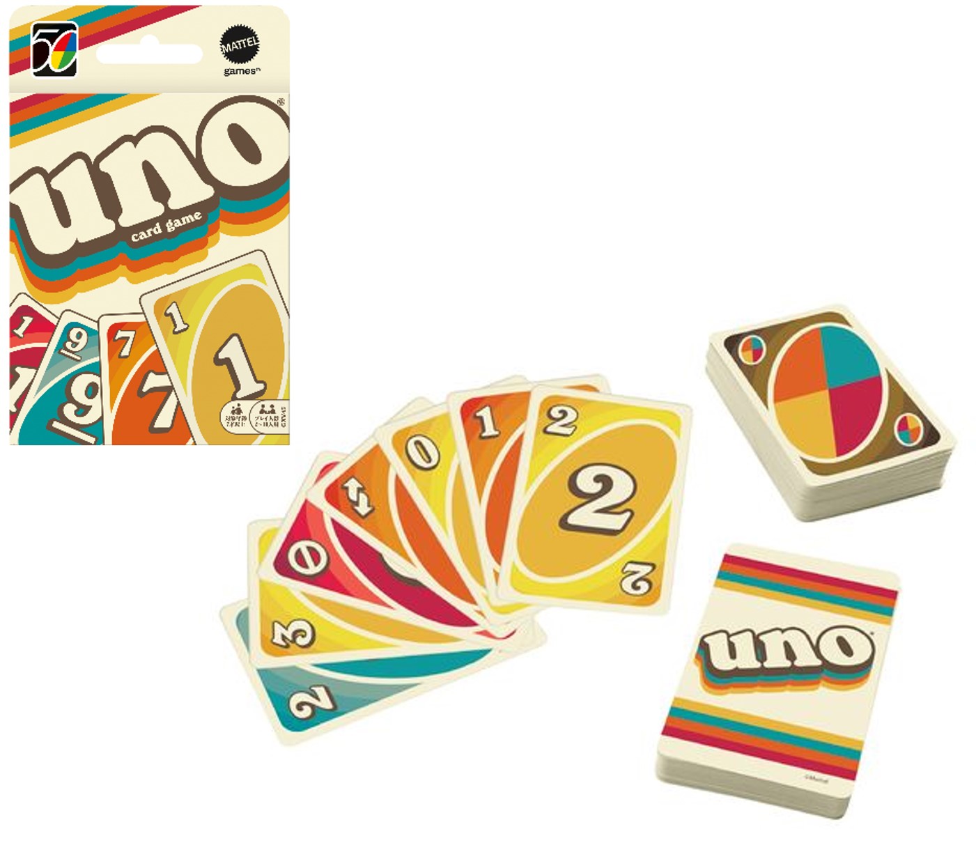 ウノが誕生した1970年代の流行をデザインに反映した50周年限定のスペシャルエディション。当時を知っている人も知らない人も老若男女を問わず、レトロな雰囲気を感じながらゲームを楽しむことができる