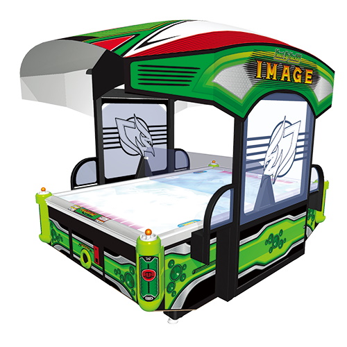 一般的な「エアホッケー」は、基本的に”ボードから吹き出したエアを受けてパックが浮く”という構造になっている（画像はセガ・アーケードゲームヒストリー「ヒートアップ ホッケー イマージュ」より）