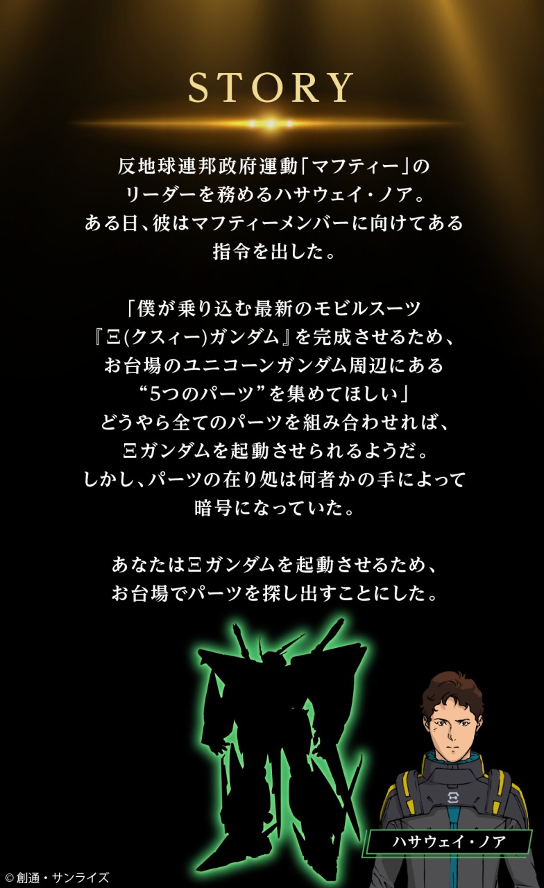 謎解きのストーリー。マフティーメンバーとしてΞガンダムを起動させることが目的なのだ