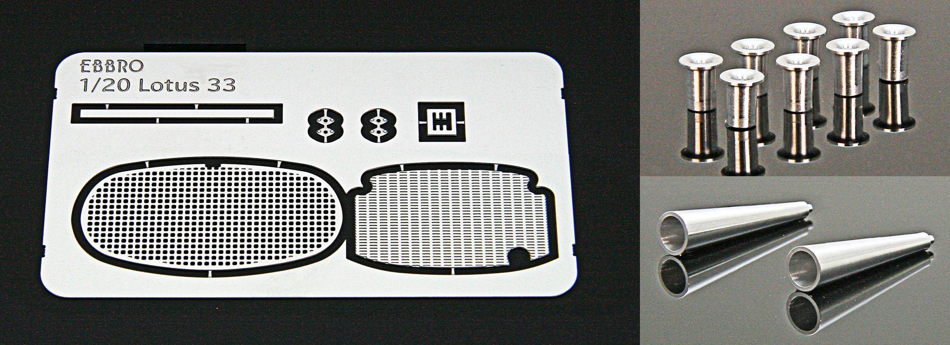 エブロが「1/20 ロータス33」用に作り起こしたエッチングパーツと、アルミの挽物で製作したエンジンのエアファンネル&メガフォンタイプのエキゾーストテールパイプ(と、それらを埋め込んだ「ロータス33」の完成見本画像)。エアファンネルなどはプラスチックで成型するとパーティングライン(※プラスチックパーツ成形時に生じる接合線)が生じてしまいその接合線を紙ヤスリで消して銀色に塗装して……という手間を考えると大変面倒臭いためアルミの挽物パーツを付属させてくれると大変助かるのだが、その半面、金属パーツを付属させると商品価格が高騰してしまうためモデルメーカーとしては非常に悩みどころになる。言ってしまえばエブロ=木谷氏は「どうせこの『ロータス33』を買ってくれるのは相当なF1マニアなのだから」と割り切った上で、価格の高騰化を見据えた上で「とにかく格好よく仕上がる『ロータス33』」を目指したということなのだろう
