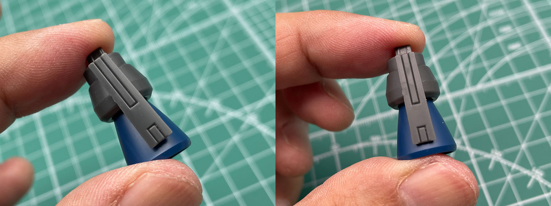 ただ組み立てただけでは、左図のようにパーツがやや曲がった状態になります。一部を削って、右図のとおりまっすぐになるよう調整して取り付けていきましょう。