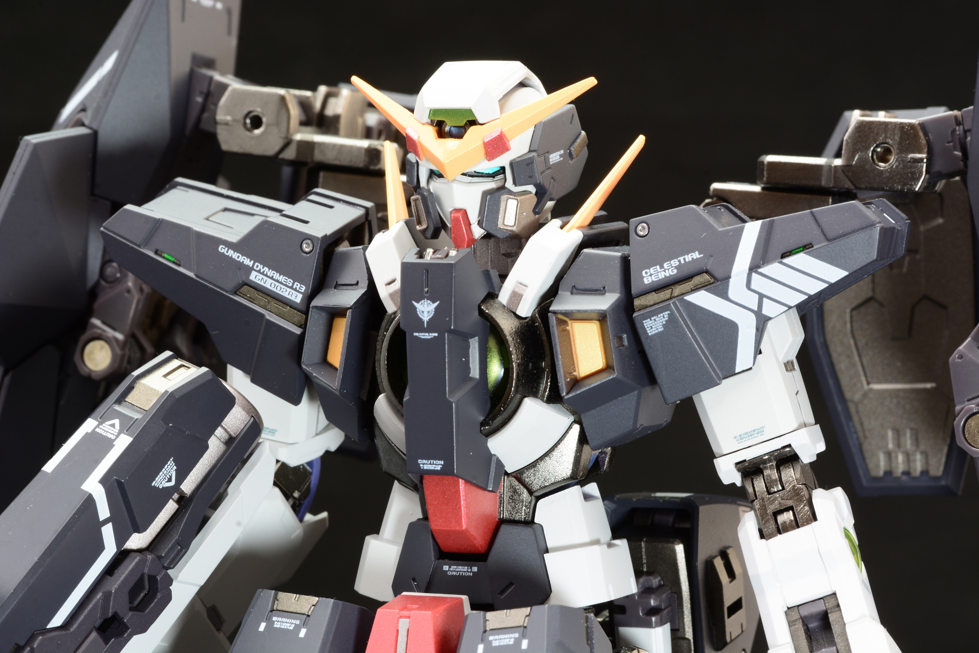 ちょっと地味な印象の顔立ち、胸のクリアパーツはカバーが被されている。左肩はロックオンのLとレティシアのLを合わせたマークだ