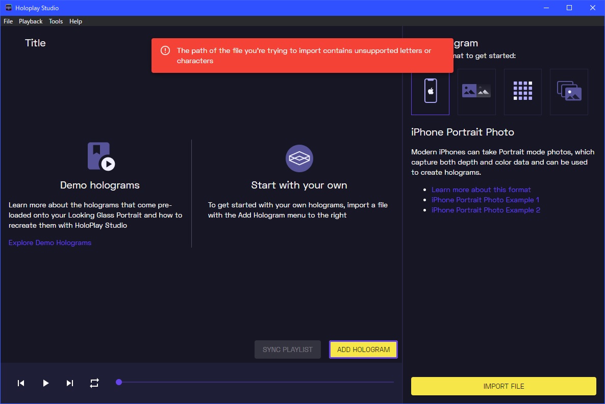 日本語フォルダや日本語名のファイルが間にあるとこのようなアラートが出て画像を取り込めない