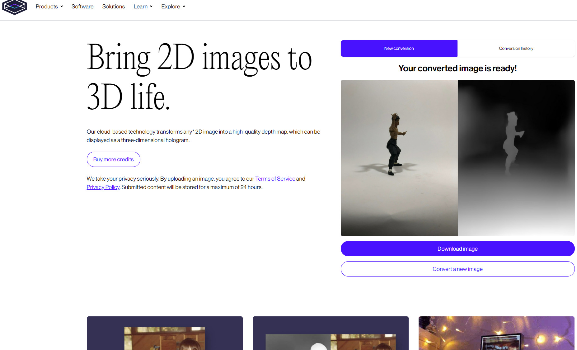 Bring 2D images to 3D lifeのホームページ。普通の写真をアップロードするだけで手軽に3D画像が変換されてダウンロードできるようになる