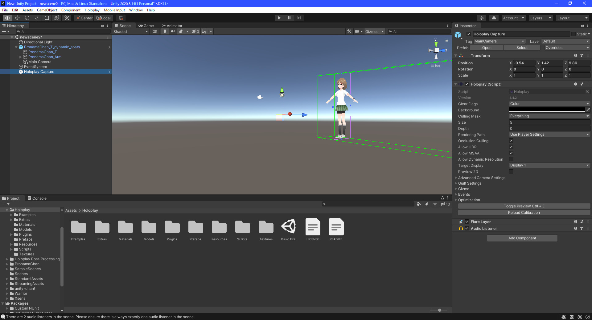 プラグインインポート後は「Holoplay Capture」が「Hierarchy」に追加できるようになる。これを通常のカメラと同じように調整する事で、「Looking Glass Portrait」上に3Dモデルが表示できるようになる。なお、こちらについても実際に実行ファイルを書き出して動作する事までは確認できたが、ここで作成した「Looking Glass Portrait」用の実行ファイルが他のPC環境の「Looking Glass Portrait」上で実行できるかは不明だ