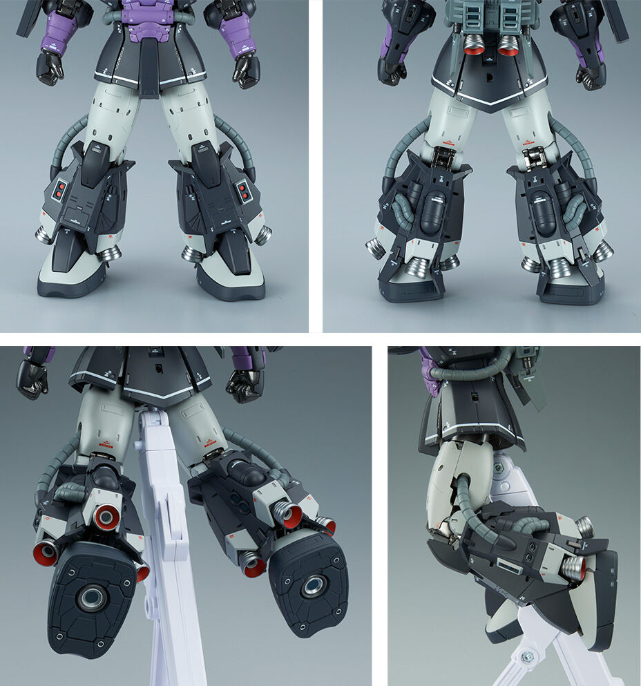 高機動型ザクIIは足のブースターが大きな特徴がある。複雑でボリュームのある造形だが、部品がスライドするので膝を深く曲げられる