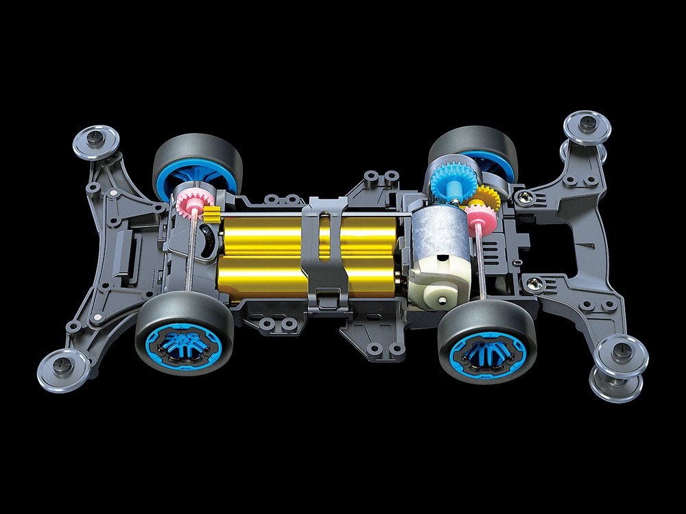 ABS樹脂製のVZシャーシはブラックカラーで統一。ギヤ比はスピードを重視した3.5:1の超速タイプをセット