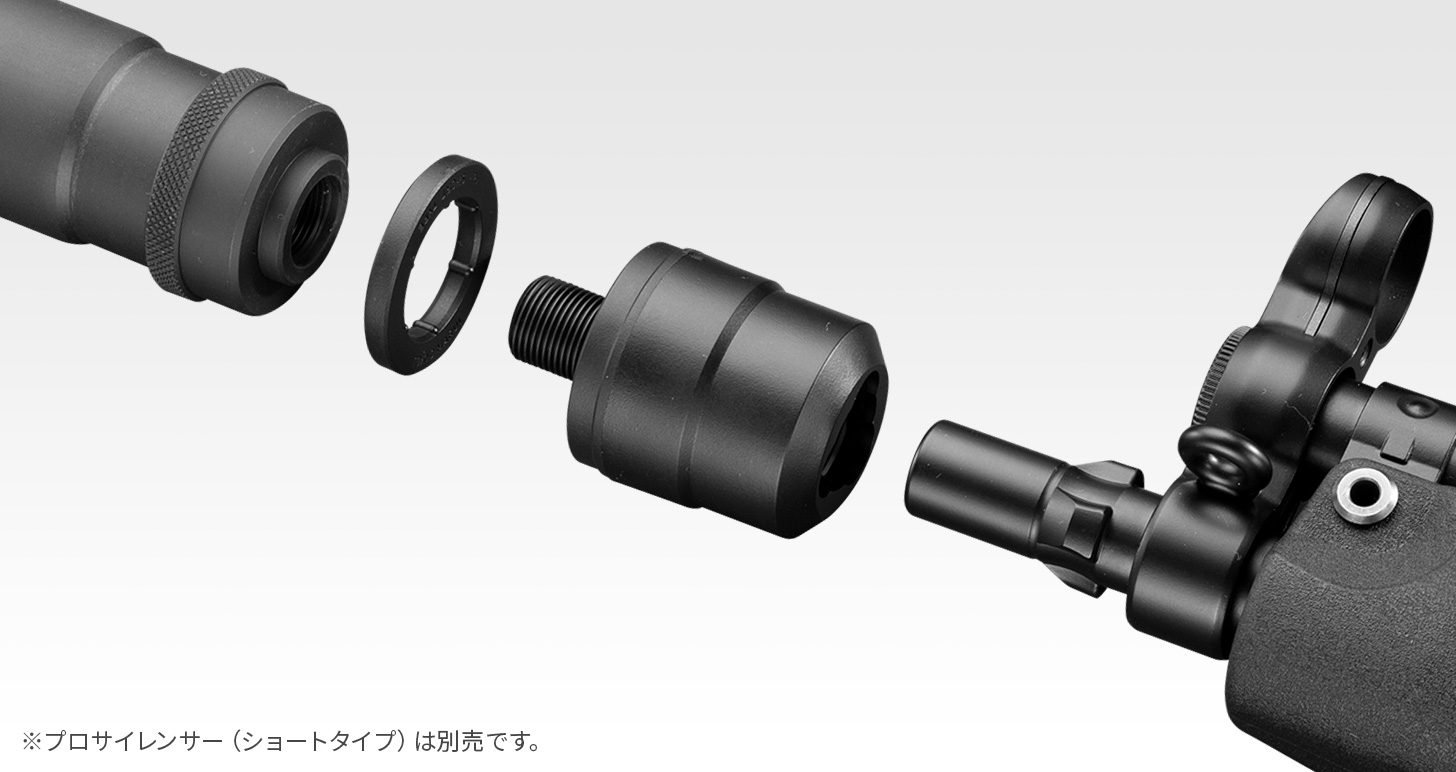 特徴的な銃口部分。サイレンサーなどのオプションは専用のパーツを介して行なう