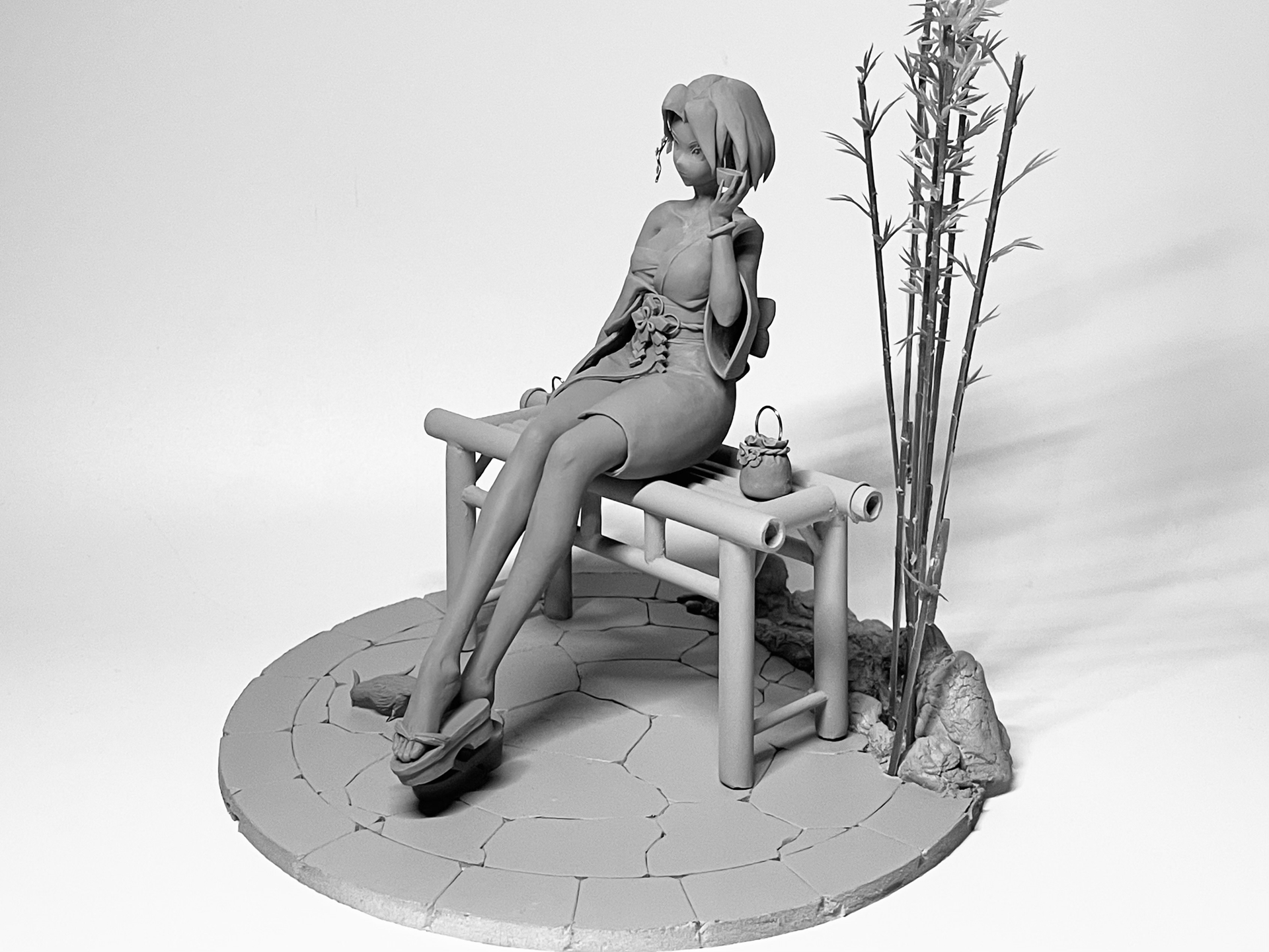 ゲーム内に浴衣が実装された際は、このように視点を変えてみることができる。メーガンが腰掛ける椅子や後ろの丈といったオブジェクトはコロッケ砕砕氏にとって初挑戦だったとのことで、ぜひ見て欲しいポイントだという