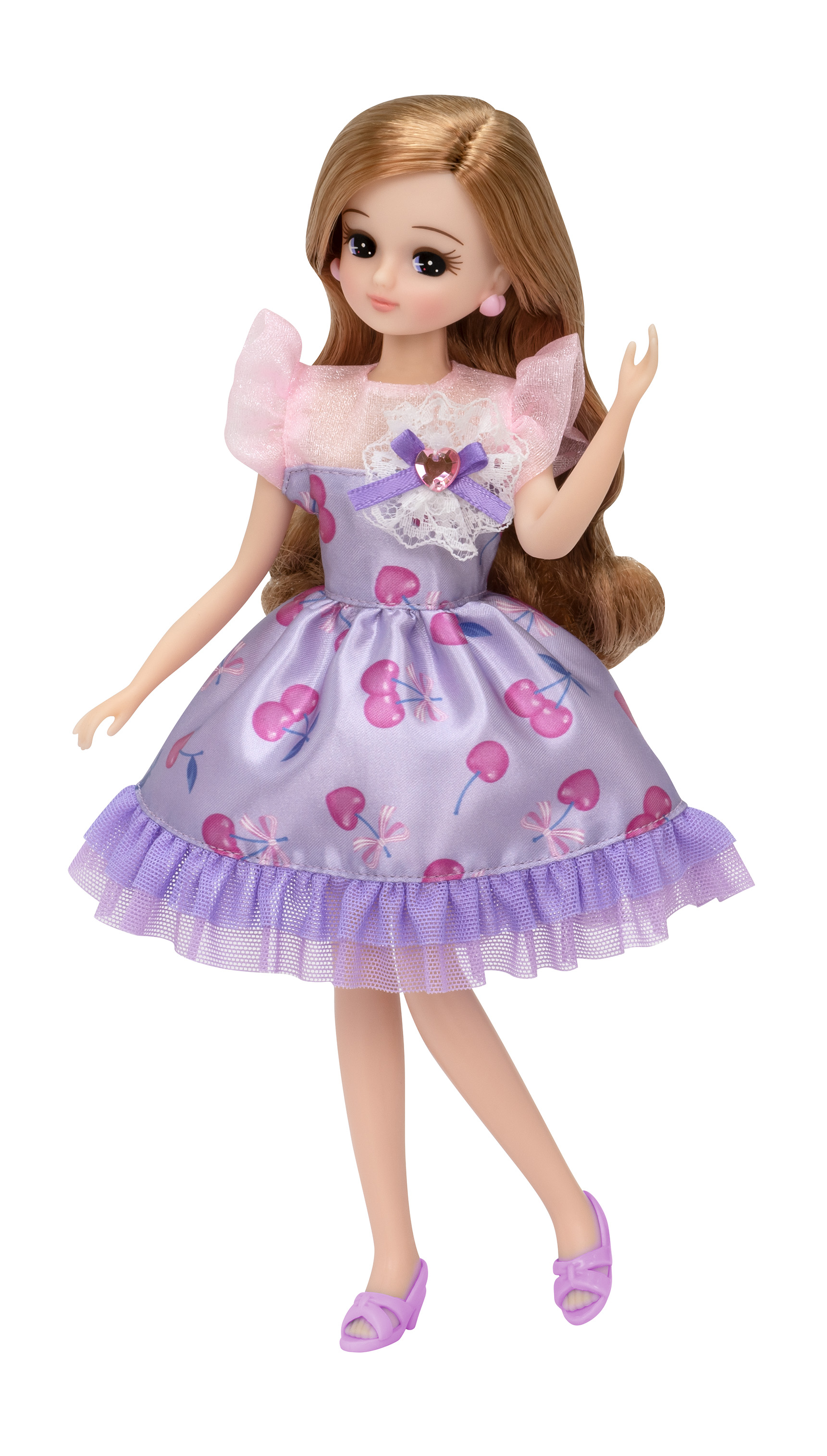 「リカちゃんLW-03スウィートチェリー」。価格は1,320円（税込）。サクランボ柄、紫の色合いがかわいらしい服