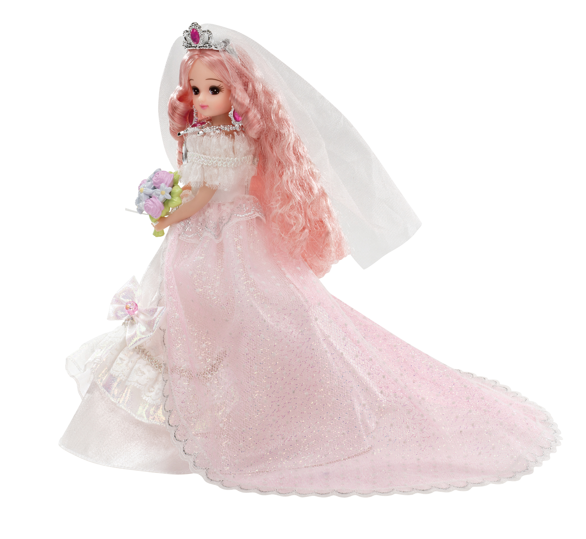 「リカちゃんゆめみるお姫さまロイヤルウエディングリカちゃん」は非常に豪華な衣装。後ろ姿もアピールポイントだという