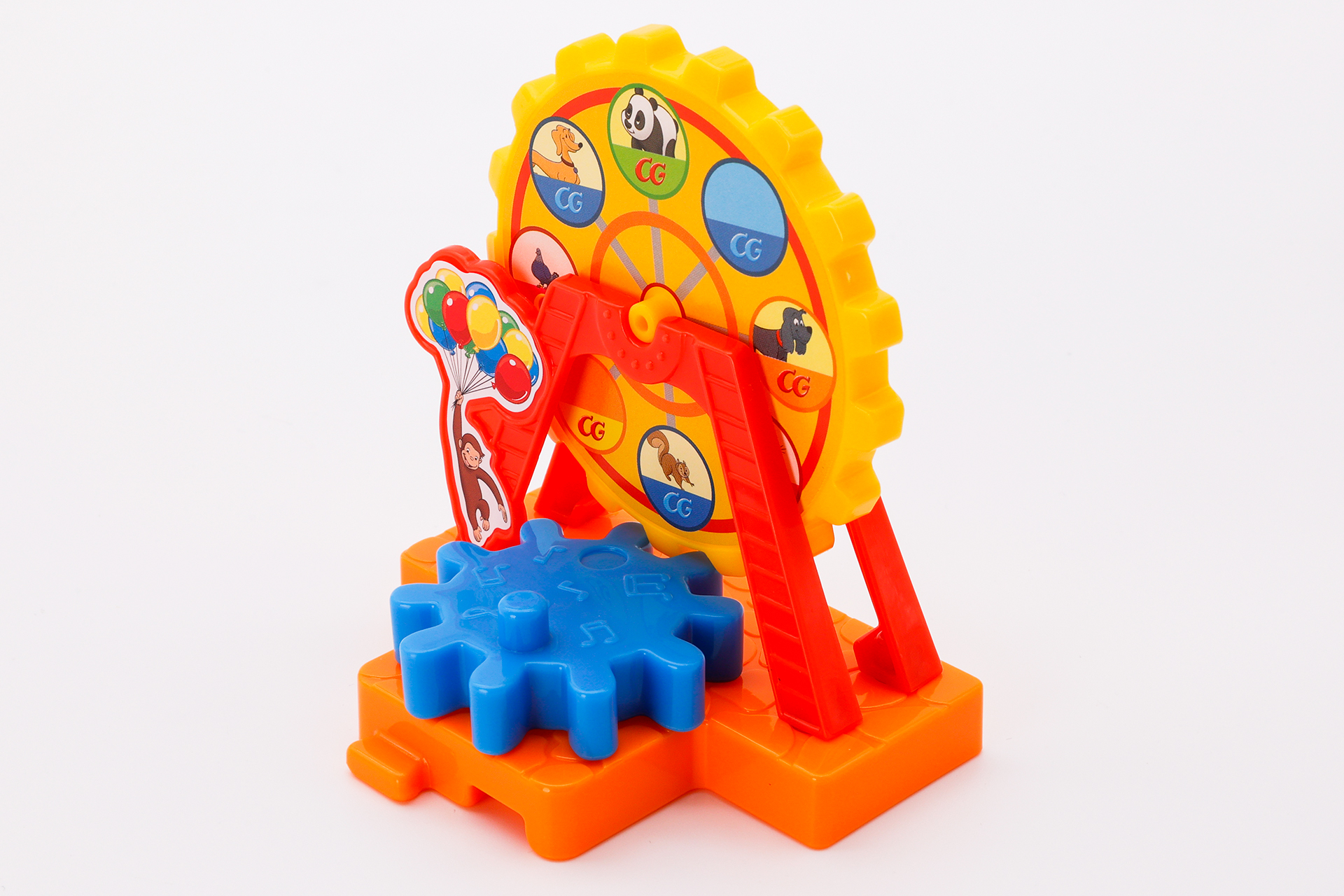 カラフルな風船を手にしたジョージが、今にも空に浮かんでいきそう。観覧車のゴンドラに描かれた動物たちもかわいらしい