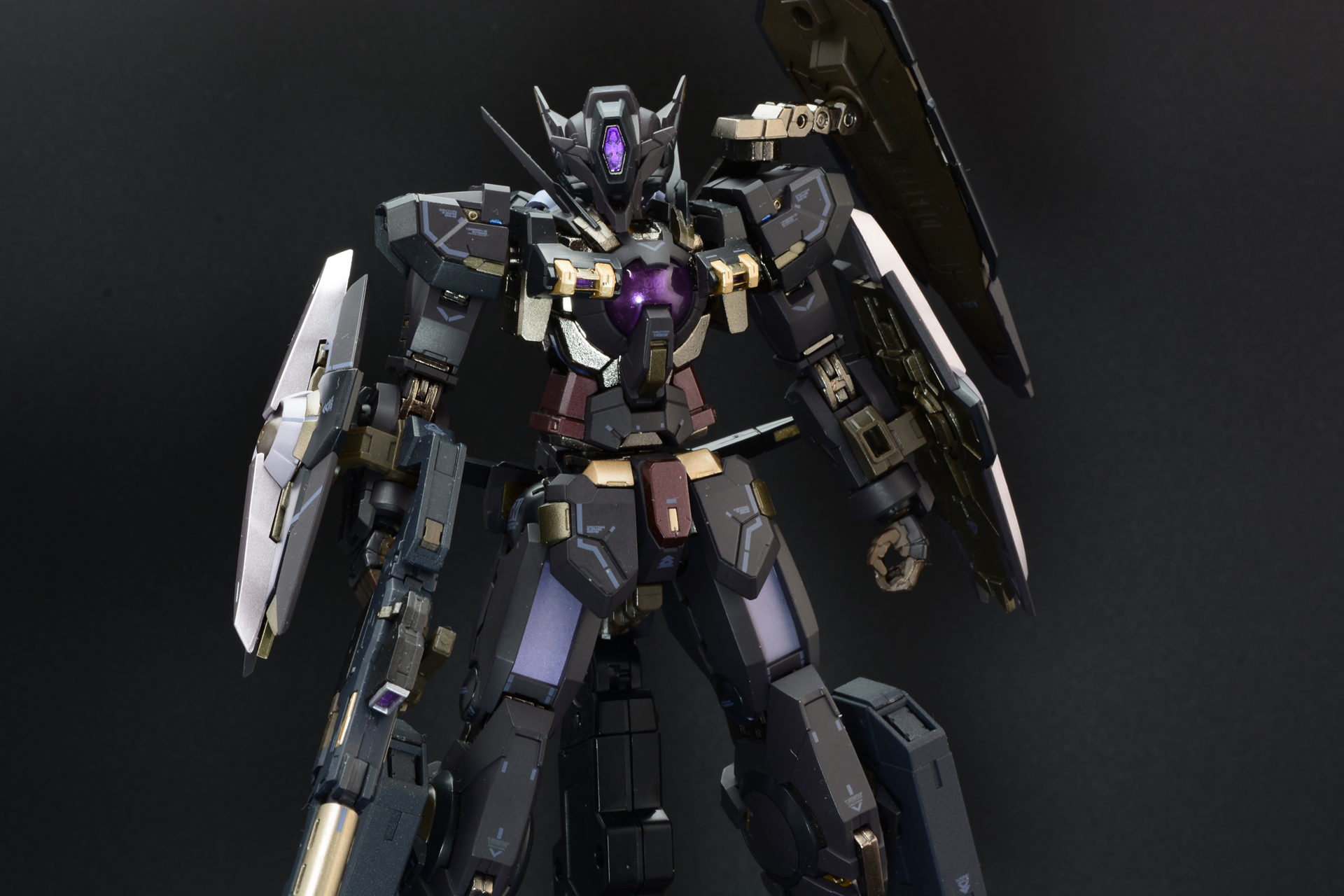 マスクとシールド、カラーリングで他のガンダムとは全く違う印象を持つ機体となっている